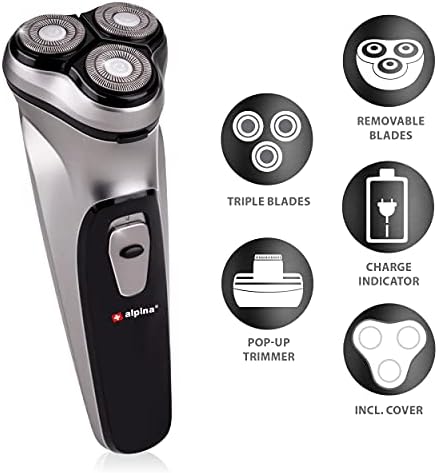 alpina Rasoir Électrique Homme USB, 3 Têtes Flottantes, Tondeuse Pop-Up, Argenté/Noir