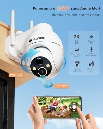 Caméra Solaire 2K Surveillance WiFi Extérieure, 360° PTZ, Blanche