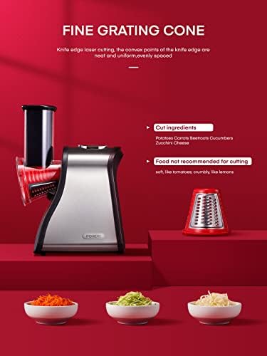 FOHERE Râpe Légumes Électrique, Modèle 4 en 1, 200W, Acier Inoxydable, Rouge
