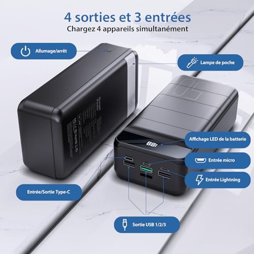 Batterie Externe 50000mAh avec Charge Rapide, Écran LED et Lampe de Poche