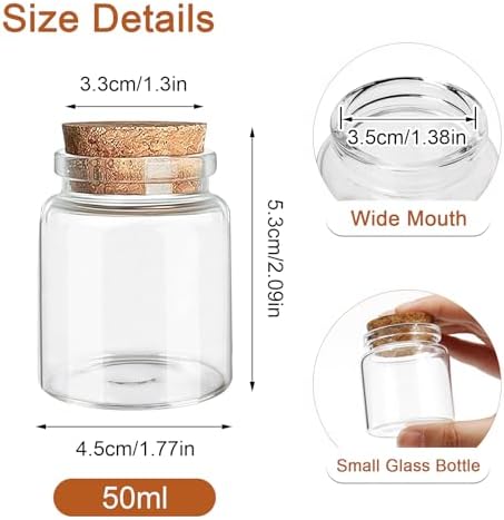 Bouteille en Verre 50ml Petit Pot, Transparent avec Bouchons en Liège, Lot de 15