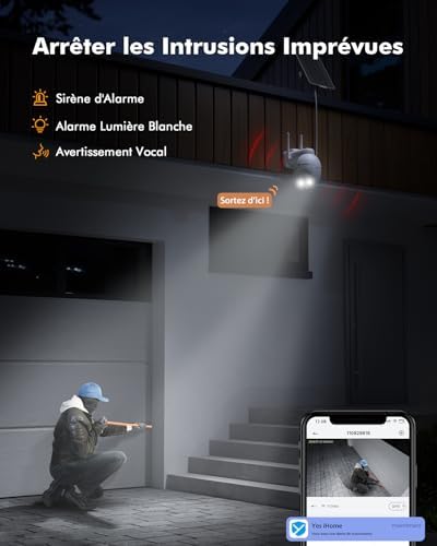 Caméra Solaire 2K Surveillance WiFi Extérieure, 360° PTZ, Blanche
