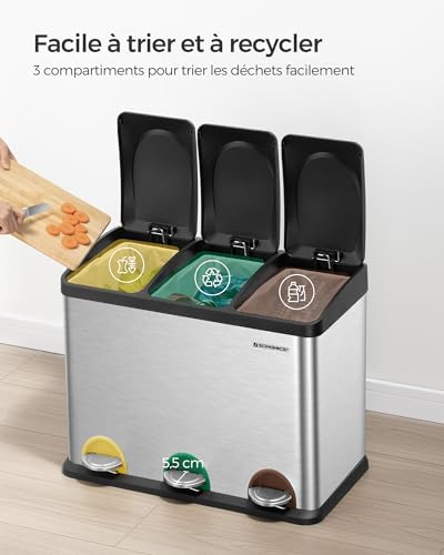SONGMICS Poubelle de Cuisine Triple, 45L, Acier, 3 x 15L, Argent
