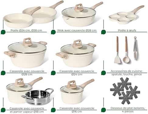 Batterie de Cuisine Induction 21 Pcs, Set de Casseroles et Poêles Antiadhésives, Beige