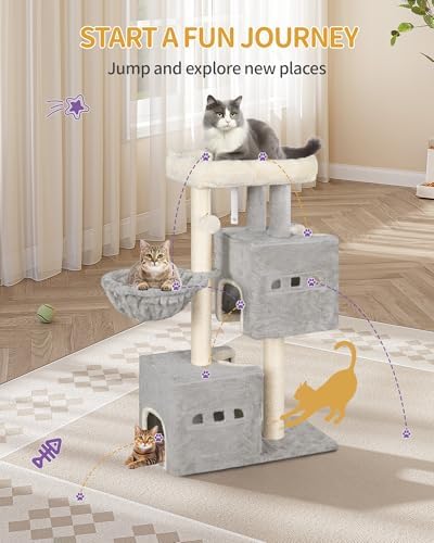 Arbre à Chat 98 cm avec Niches et Griffoir Sisal, Gris Clair