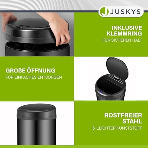 Juskys Poubelle Automatique 50L, Capteur de Mouvement, Couvercle Étanche, Noir
