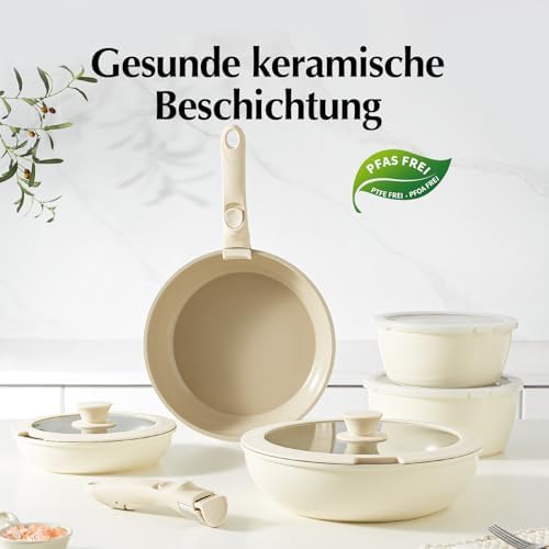 Batterie de Cuisine Antiadhésive en Céramique, Lot de 16, Blanc, Poignée Amovible