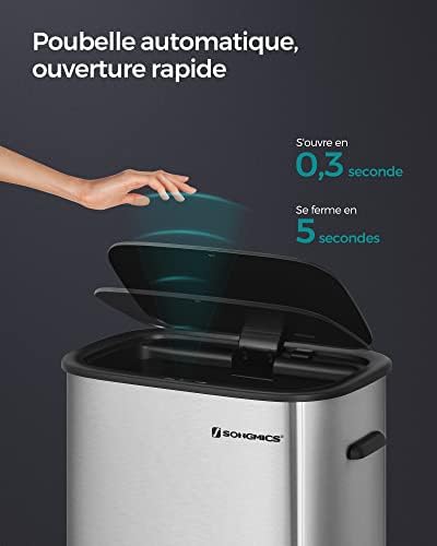 SONGMICS Poubelle Automatique 50L, Couvercle à Fermeture Douce, Acier Inoxydable, Argent