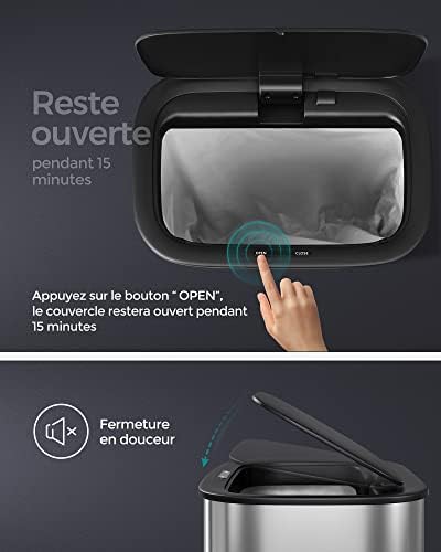 SONGMICS Poubelle Automatique 50L, Couvercle à Fermeture Douce, Acier Inoxydable, Argent