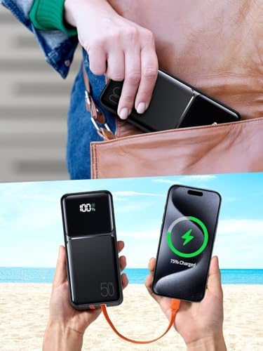 Batterie Externe 50000mAh, Charge Rapide PD 22.5W avec Câbles Intégrés