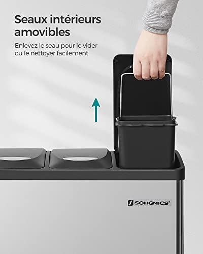 SONGMICS Poubelle de Tri, Modèle LTB24L, 3 x 8L, Acier Inoxydable, Argent et Noir