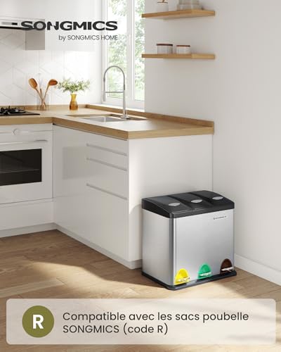 SONGMICS Poubelle de Tri, Modèle LTB24L, 3 x 8L, Acier Inoxydable, Argent et Noir