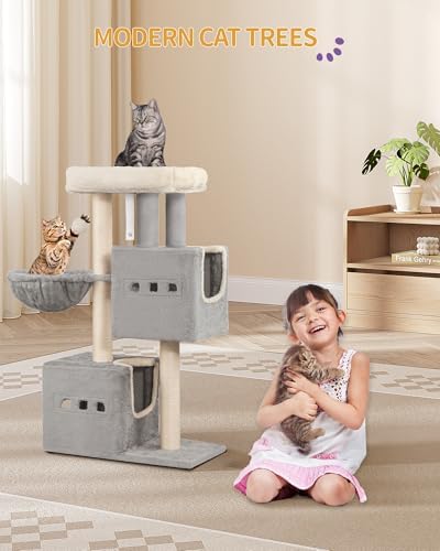 Arbre à Chat 98 cm avec Niches et Griffoir Sisal, Gris Clair