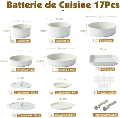 Set de Batterie de Cuisine Antiadhésif 17 Pièces, Blanc, Poignées Amovibles