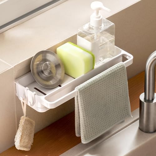Organisateur sous évier avec ventouse, Égouttoir blanc, 26x12x4.8 cm