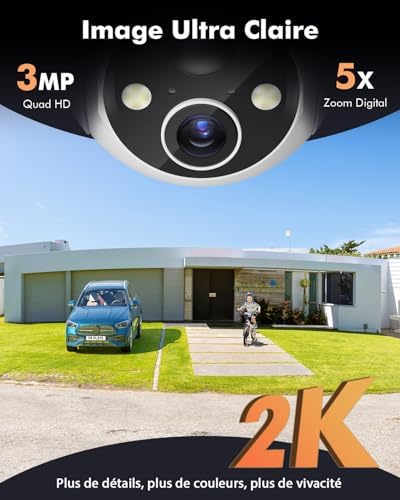 Caméra Solaire 2K Surveillance WiFi Extérieure, 360° PTZ, Blanche