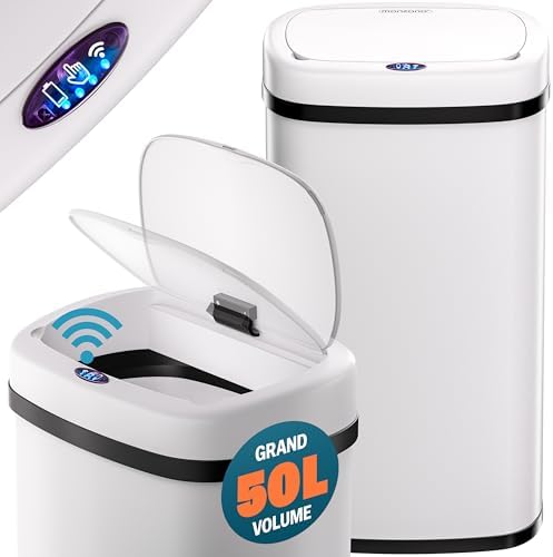 Monzana Poubelle Automatique 50L, Acier Inoxydable, Capteur de Mouvement, Blanc