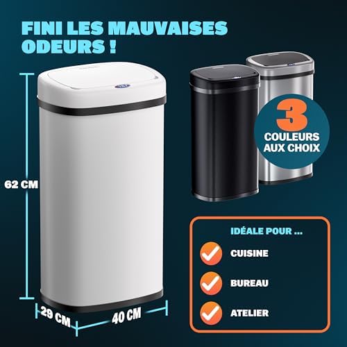 Monzana Poubelle Automatique 50L, Acier Inoxydable, Capteur de Mouvement, Blanc
