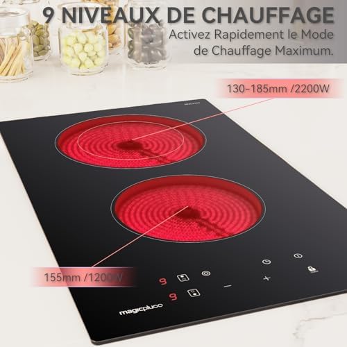 Plaque Vitrocéramique 2 Feux Induction, 29,5cm, Rouge, 9 Niveaux de Puissance
