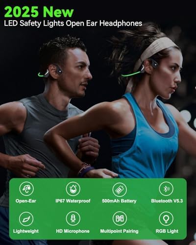 Casque Bluetooth Conduction Osseuse, Écouteur Sport IPX7, Vert Lumière Intelligente