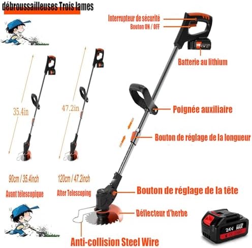 Coupe Bordure Puissant 24V Debroussailleuse Electrique sans Fil, Hauteur Réglable