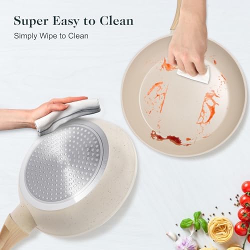 Set de Batterie de Cuisine Antiadhésif en Céramique, Crème, 11 Pièces