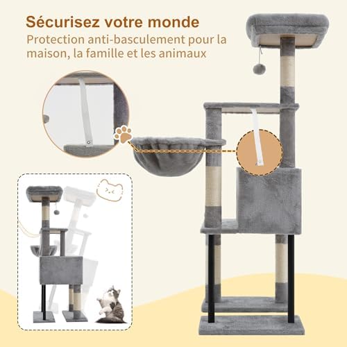 Arbre à Chat 125 cm avec Niche et Griffoir en Sisal, Gris Clair