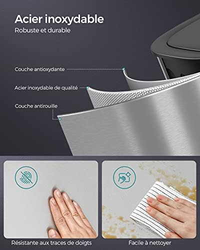 SONGMICS Poubelle Automatique 50L, Couvercle à Fermeture Douce, Acier Inoxydable, Argent