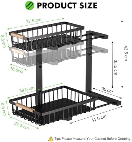 Organisateur sous Évier à Double Niveau, Design en L, Noir, Hauteur Ajustable
