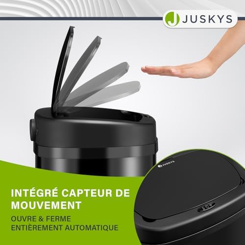 Juskys Poubelle Automatique 50L, Détecteur de Mouvement, Noir, Couvercle Électrique