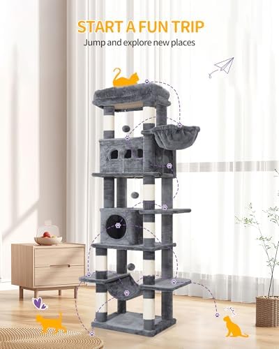 Grand Arbre à Chat 170 cm, Tour à Chat avec Griffoirs et Hamac, Gris Foncé