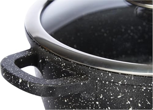 KAMBERG Faitout en Fonte d'Aluminium 28 cm, Revêtement Type Pierre, Couvercle en Verre, Induction