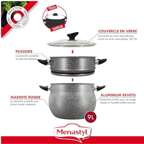 MENASTYL Couscoussier 9L Aluminium Effet Marbre, Compatible Induction et Lave-vaisselle