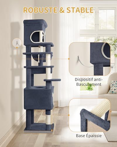 Tour de Jeux pour Chats 178 cm, Arbre à Chat XL, Gris Foncé avec Niches et Griffoirs