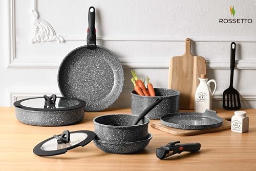Batterie de Cuisine Induction avec Revêtement Céramique, Gris Cendré, 16 Pièces