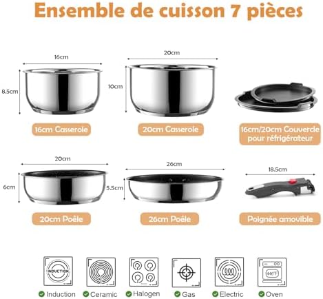 Batterie de Cuisine Induction 7 Pièces, Poêles Antiadhésives et Casseroles Inox, Noir
