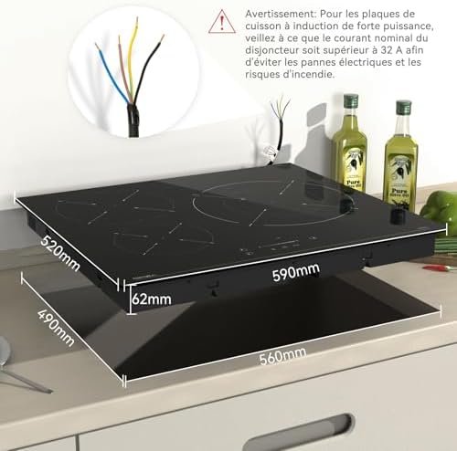 Table de Cuisson à Induction 3 Feux, 7400W, Verre Noir