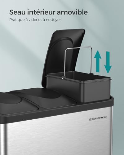 SONGMICS Poubelle de Cuisine Triple, 45L, Acier, 3 x 15L, Argent