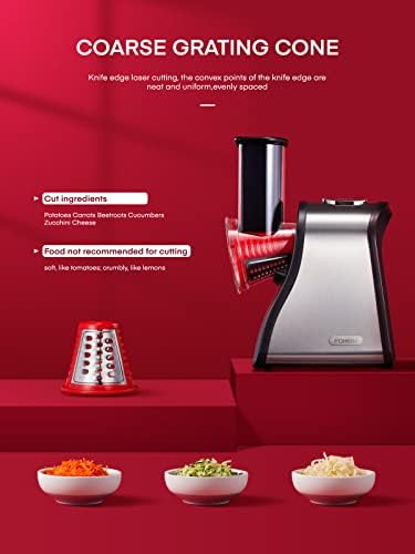 FOHERE Râpe Légumes Électrique, Modèle 4 en 1, 200W, Acier Inoxydable, Rouge