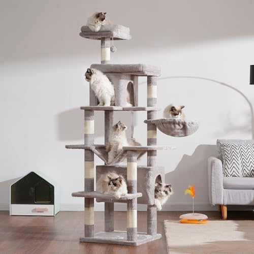 Arbre à Chat Multi-Étagé 178cm, Gris Clair, avec 8 Colonnes à Griffer