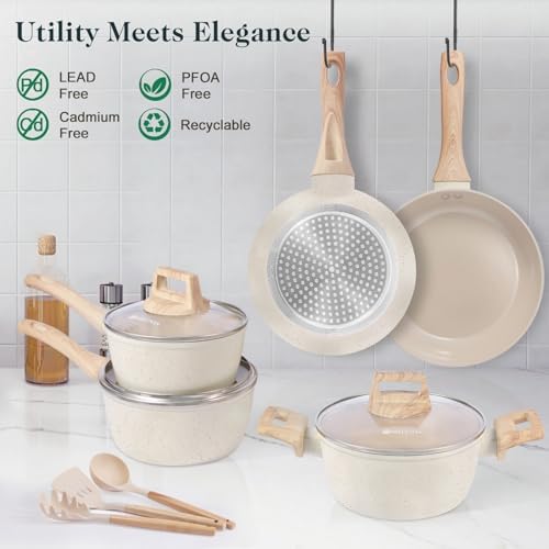 Set de Batterie de Cuisine Antiadhésif en Céramique, Crème, 11 Pièces