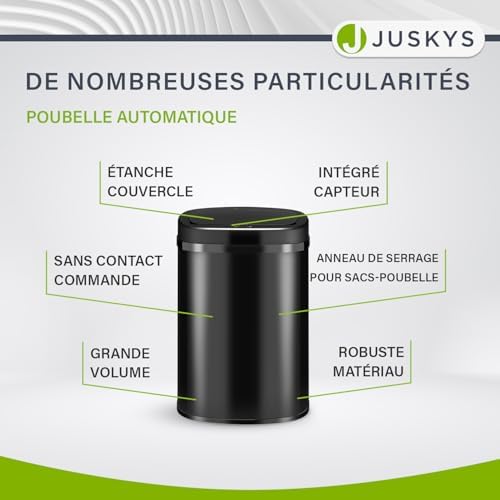 Juskys Poubelle Automatique 50L, Détecteur de Mouvement, Noir, Couvercle Électrique