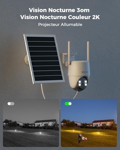 Caméra de Surveillance Solaire 2K PTZ, Batterie 10000mAh, Vision Nocturne 30m