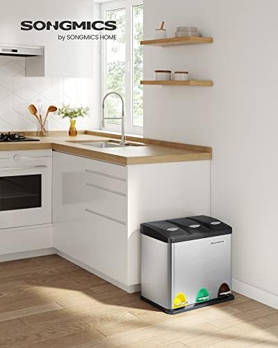 SONGMICS Poubelle de Tri, Modèle LTB24L, 3 x 8L, Acier Inoxydable, Argent et Noir