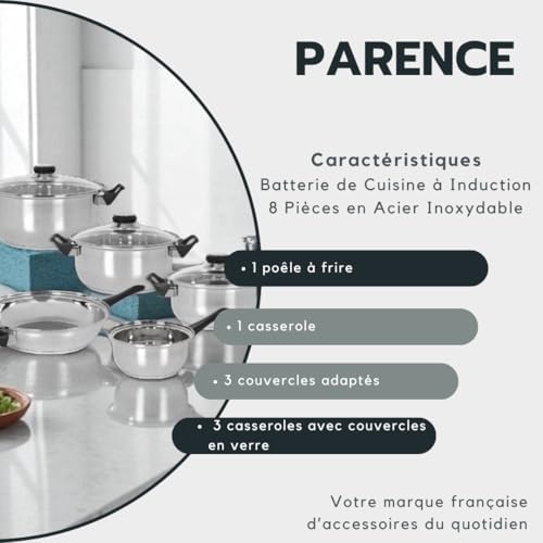 Batterie de Cuisine à Induction 8 Pièces en Acier Inoxydable avec Couvercles en Verre