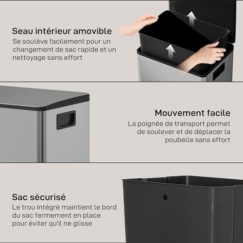 HOMCOM Poubelle Cuisine 50L, Acier Inoxydable, Couvercle Doux, Anti-Odeurs