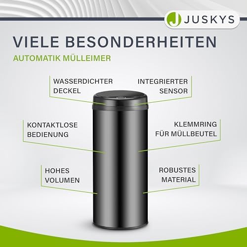 Juskys Poubelle Automatique 50L, Capteur de Mouvement, Couvercle Étanche, Noir