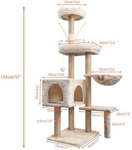 Tour de Jeux pour Chats 145 cm Arbre à Chat, Gris avec 7 Griffoirs
