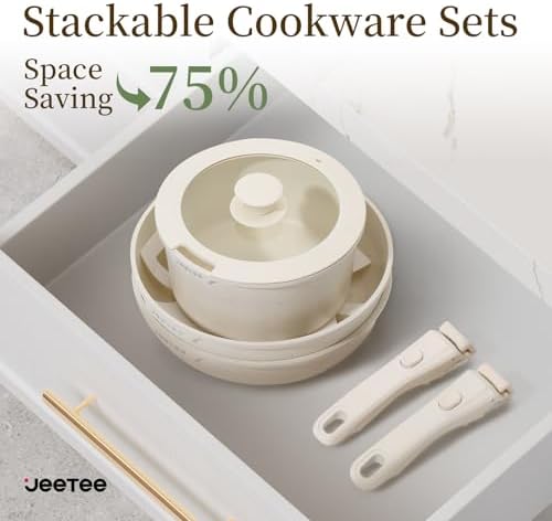Batterie de Cuisine Antiadhésive 17 Pièces, Beige, Poignée Amovible