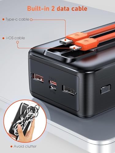 Batterie Externe 50000mAh, Charge Rapide PD 22.5W avec Câbles Intégrés